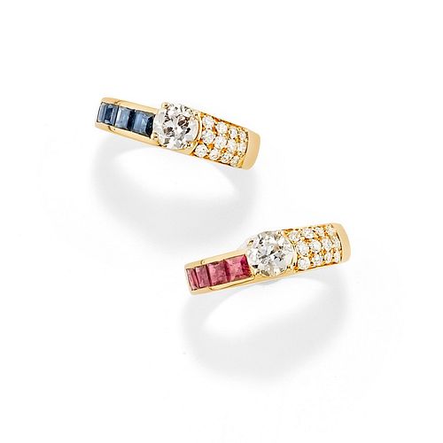 Two 18K yellow gold, ruby, sapphire and diamond rings