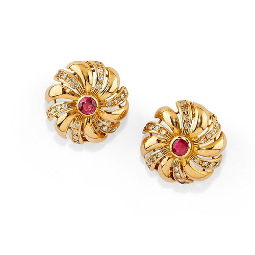 A 18K yellow gold, ruby and diamond earclips