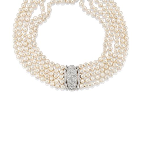 A 18K two-color gold, cultured pearl and diamond necklace