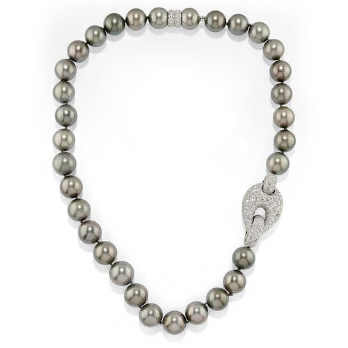 An important 18K white gold, cultured pearl and diamond necklace