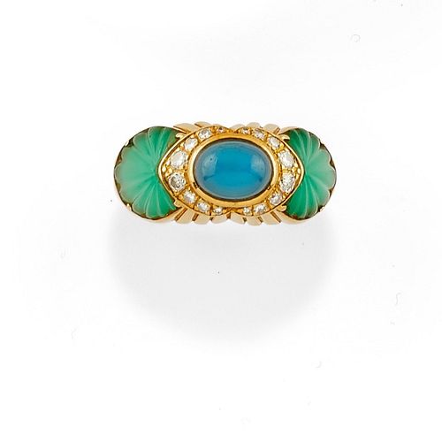 Cartier - A 18K yellow gold, blue gemstone, green gemstone and diamond ring, Cartier Baroda, with box and certificate