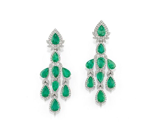 A 18K white gold, emerald and diamond pendant earrings