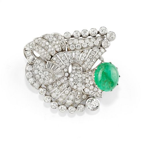 A platinum, diamond and emerald brooch
