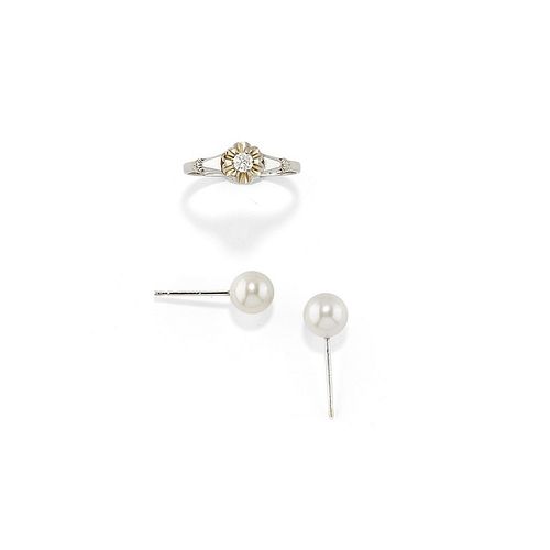 A 18K white gold, diamond and cultured pearl ring and earrings