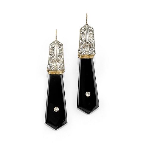 A 18K white gold, onyx and diamond pendant earrings