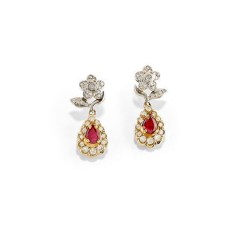 A 18K two-color gold, ruby and diamond pendant earrings