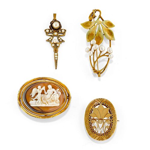 A low-carat gold, 18K yellow gold, cultured pearl and cameo jewels