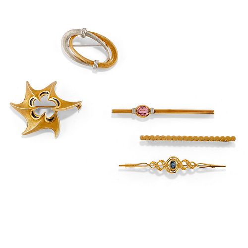 Five two-color gold, sapphire, pink gemstone, diamond and enamel brooches