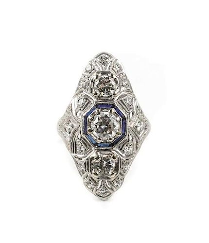 Art Deco Platinum, 1.8 Ctw Diamond & Sapphire Ring