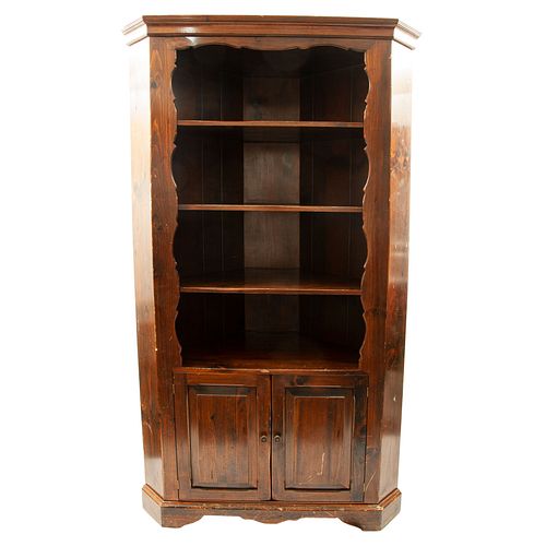 Corner bookcase. 20th century. Carved in wood. With shelves, 2 swing doors and base supports. 79.9 x 38.9 x 22.8" (203 x 99 x 58 cm)