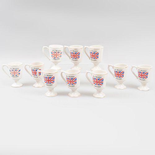 Lot of 10 cups. 20th century. Porcelain. Decorated with gold enamel, Union Jack crest and "Sir Winston Churchill" inscription