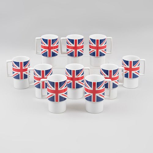 Lot of 10 cups. 21st century. Porcelain. Decorated with Union Jack shield in color sublimation.