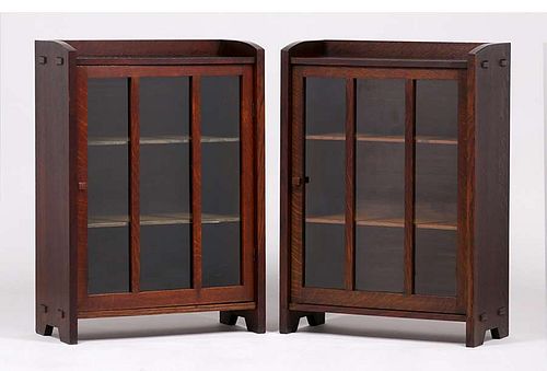 Pair Charles Stickley Short One-Door Bookcases c1910