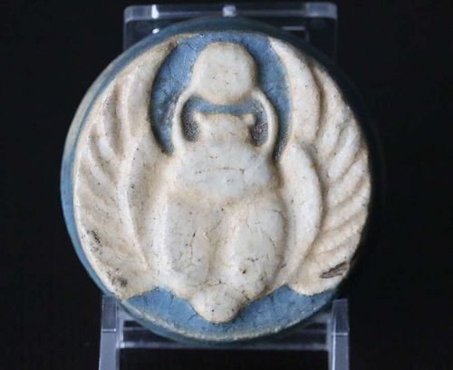 Grueby Pottery Blue & White Round Scarab Paperweight