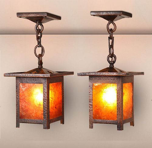 Pair Arts & Crafts Hammered Copper & Mica Square