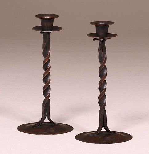 Craftsman Studios Hammered Copper Candlesticks c1920s