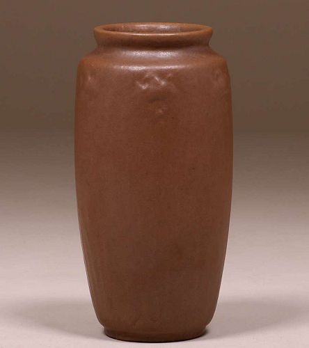 Teco Pottery Matte Brown Daffodil Vase c1910