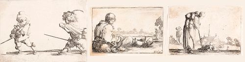 STEFANO DELLA BELLA (Florence, 1610 - 1664) - 1. Beggar, cm. 5,5x8,5; 2. Mother with child on her shoulders, cm. 5,5x8,3; 3. The duel of the two dwarf