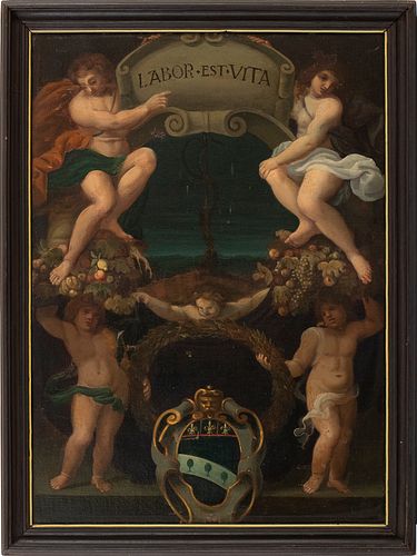 TUSCAN SCHOOL, 17th CENTURY - Heraldic image, with motto "Labor est vita" and noble armory with three lilies and three cypresses on a black field<br>
