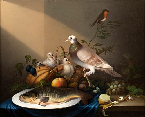 EUROPEAN SCHOOL, 19th CENTURY - Still life with fruit, pigeons and dish with fish