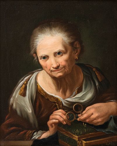 GIUSEPPE NOGARI (Venice, 1699 - 1763)  - Old seamstress with glasses and sewing basket (Allegory of the sense of Sight)