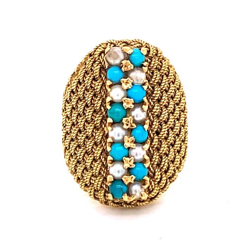Retro 18k Gold Turquoise Pearl Ring 