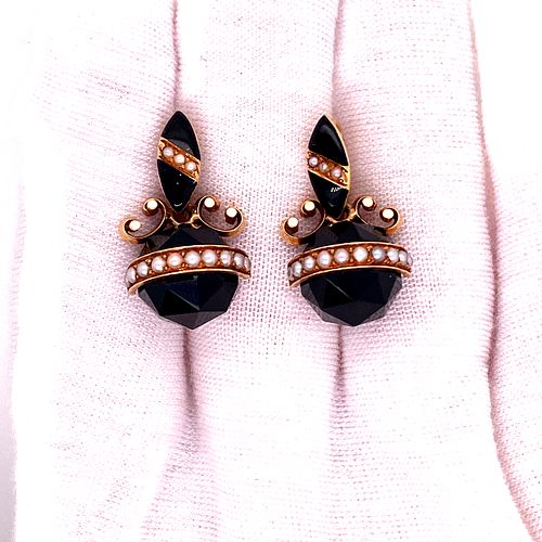 Victorian 14k Onyx Pearl Earrings 
