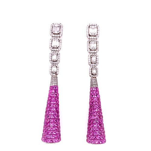 18k Pink Sapphire, Diamond Drop Earrings 