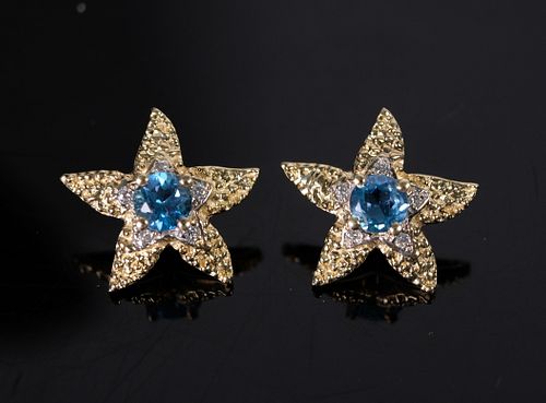 14K YG, Diamond & Blue Topaz Starfish Earrings