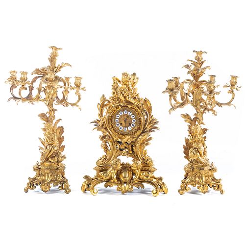 Louis XVI Style Gilt Bronze Clock Garniture