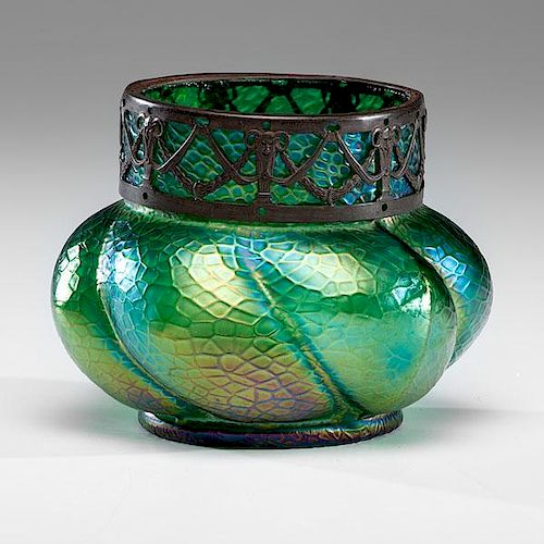 Tiffany Iridescent Green Bowl with Bronze Overlay 