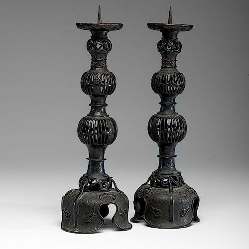Pair of Japanese Bronze Candlesticks 