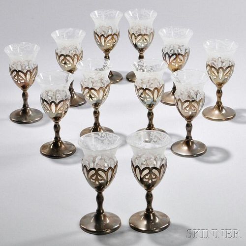 Twelve Sterling Silver-mounted Wineglasses