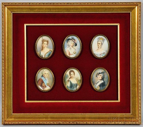 Framed Collection of Six Hand-painted Portraits