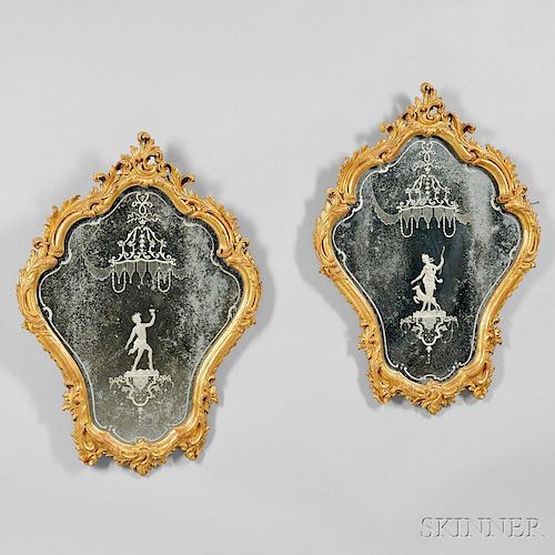 Pair of George III Giltwood Etched Mirrors