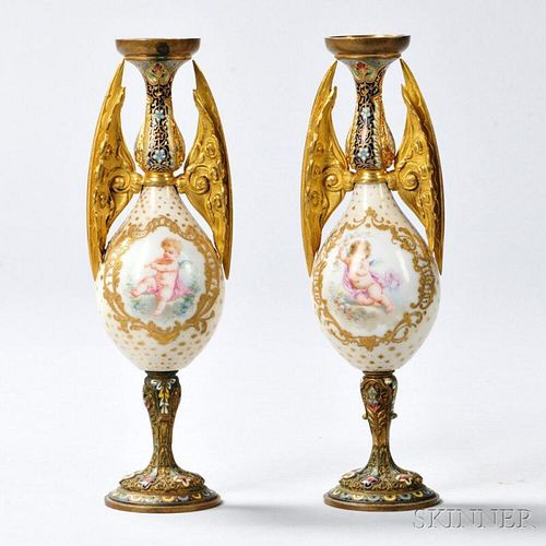 Pair of Small Porcelain and Champleve Vases