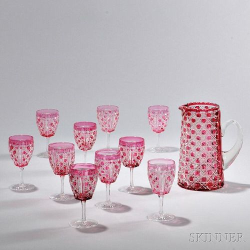Eleven Pieces of Cranberry-to-clear Cut Glass