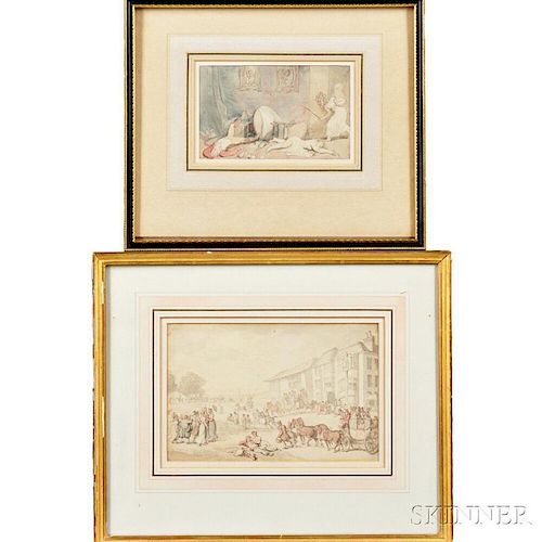 Attributed to Thomas Rolandson (British, 1756-1857)      Two Framed Works on Paper: Coaches and Crowds Near a Tavern