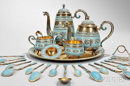 Extensive David Andersen Sterling Silver and Cloisonné-enameled Tea and Coffee   Service