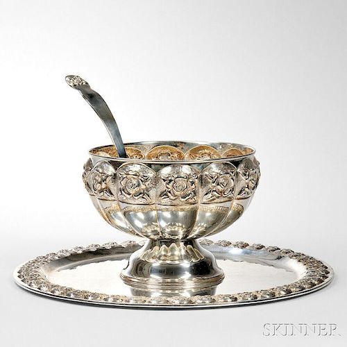 Mexican Sterling Silver Punch Bowl, Undertray, and Ladle