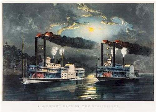* CURRIER AND IVES. A Midnight Race on the Mississippi. New York, 1860. Large folio lithograph, hand-colored.