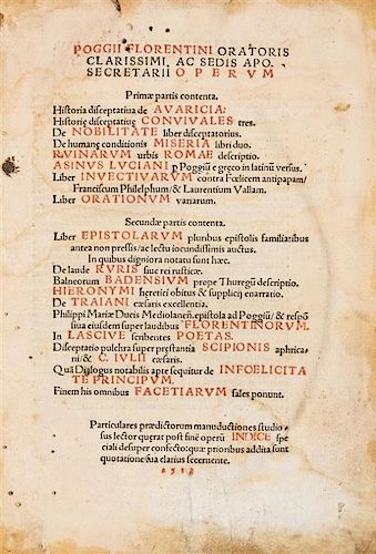 BRACCIOLINI, POGGIO. Poggii Florentini Oratoris Clarissimi... Argentinae, 1513. 2 parts in one.