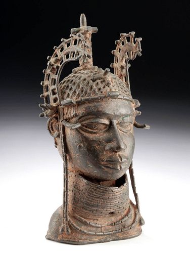 19th C. Benin Bronze Altar Choker Head of an Oba