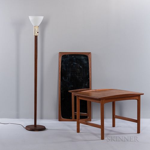 Dux Teak End Table, a Floor Lamp, and a Mirror