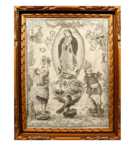 Gobelino de la Virgen de Guadalupe. Siglo XX. Elaborado en fibras de algodón. Enmarcado. 70 x 85 cm