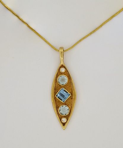 14K Gold Aquamarine & Diamond Pendant Necklace