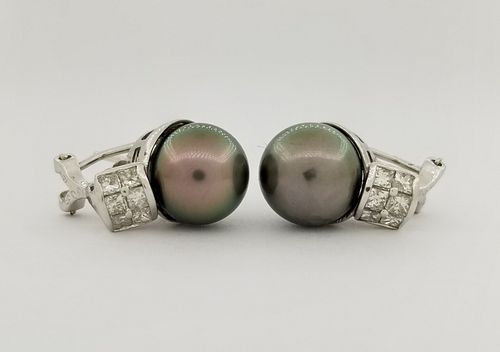 18K WG Tahitian Pearl & Diamond Earrings