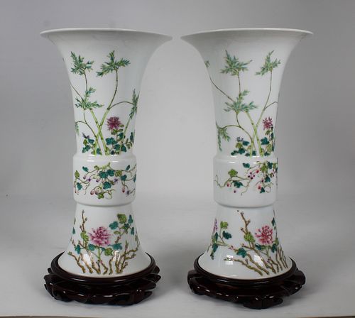 Pair of Signed Chinese Porcelain Floral Vases