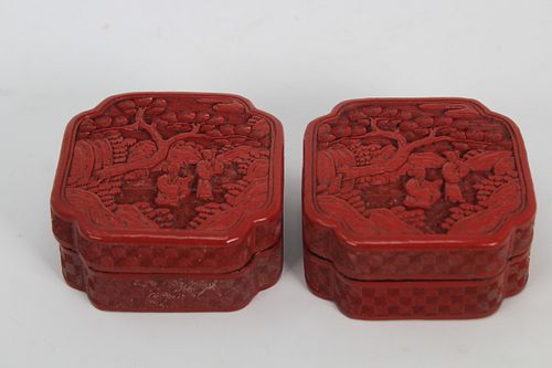 Pair, 19th C. Chinese Cinnabar Boxes. Qing