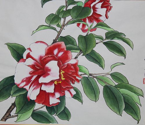 Ren Yu (B. 1945) "Red Variegated Camellias"